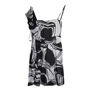 Bisou Bisou Michele Bohbot Black Ivory Abstract Ruffle One Shoulder Dress 10 NEW